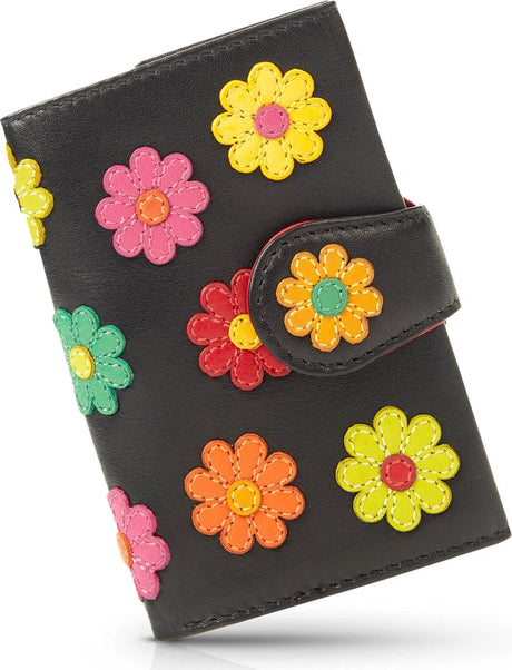Visconti Leather Card Holder - Card Holder for Men and Women - Wallet RFID - Black Daisy (DS84)
