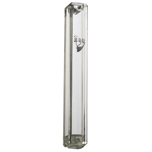 Transparent Plastic Mezuzah with Rubber Cork 15 cm- with Silver Shin
