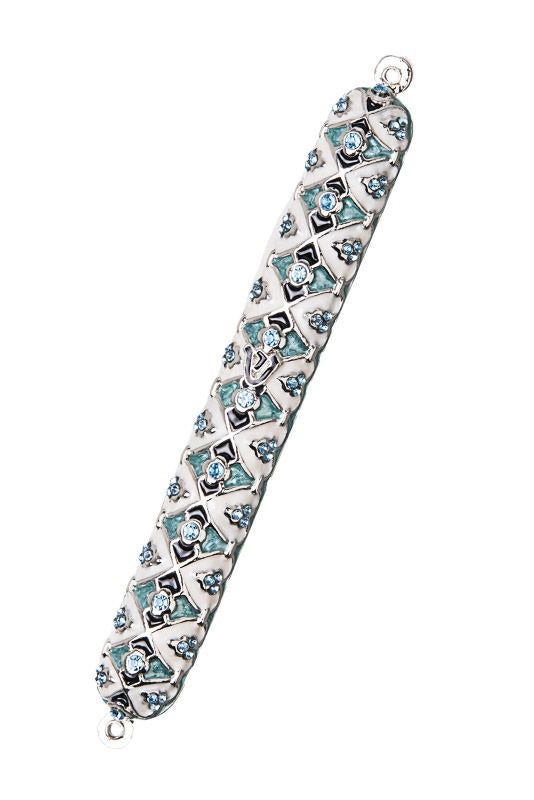 JEWELED WHITE/BLUE MEZUZAH CASE