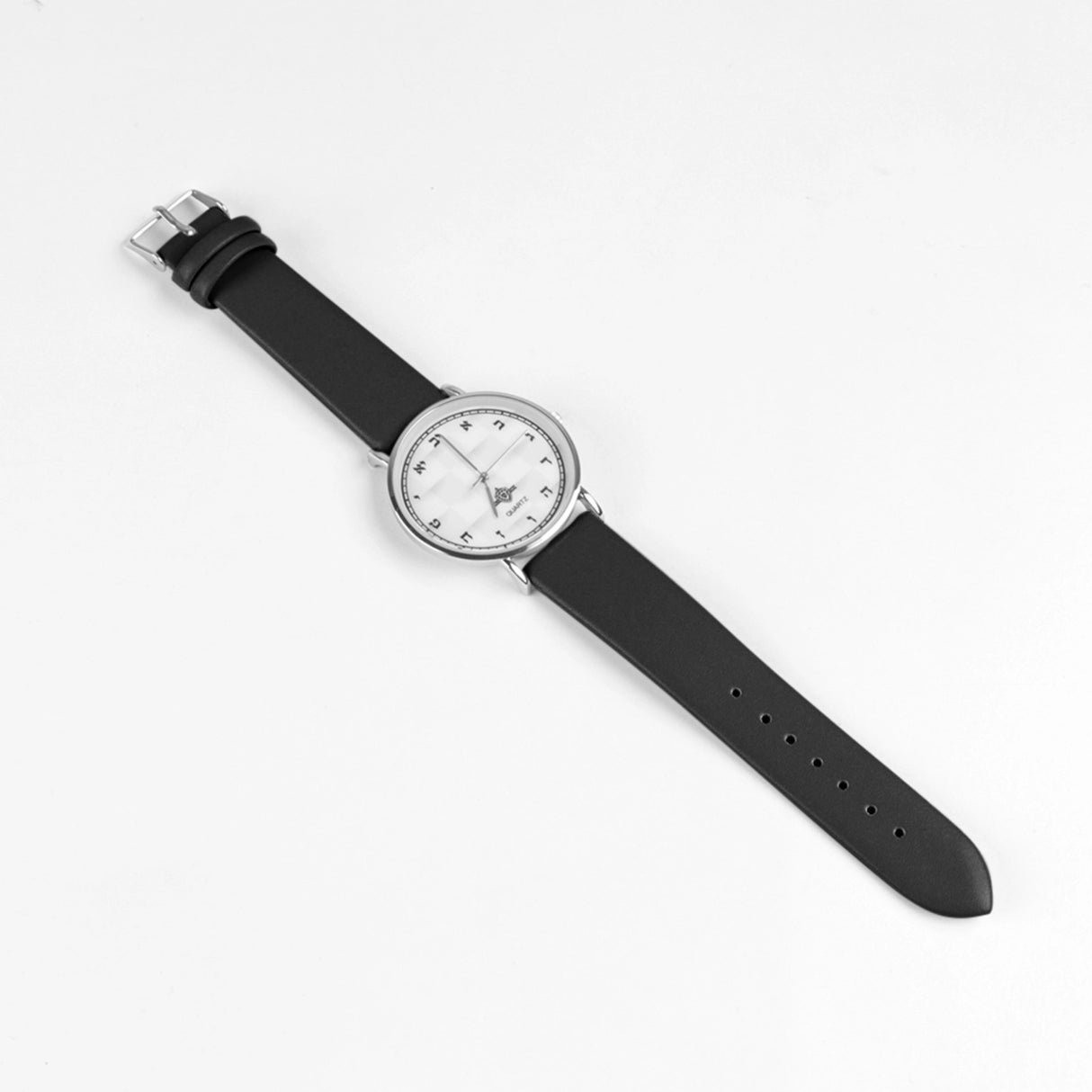 "Watch With Aleph Bais" Black Handle Black 'N White Face Silver Rim