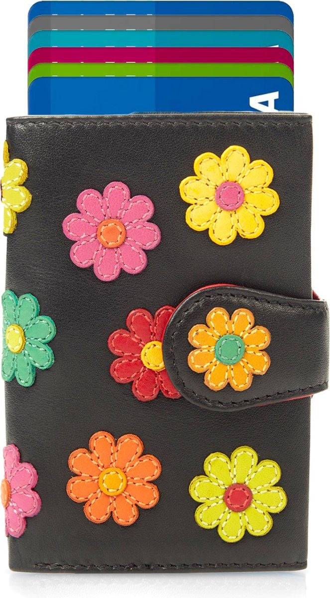 Visconti Leather Card Holder - Card Holder for Men and Women - Wallet RFID - Black Daisy (DS84)