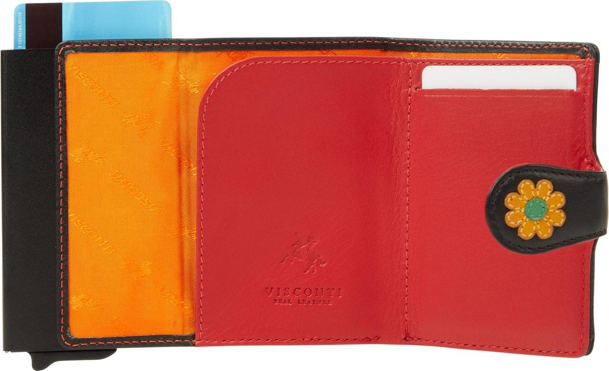 Visconti Leather Card Holder - Card Holder for Men and Women - Wallet RFID - Black Daisy (DS84)