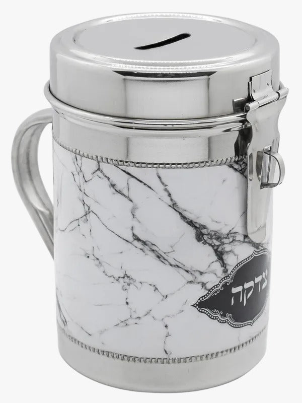 Silver Tzedakah Box With Grey Marble Design