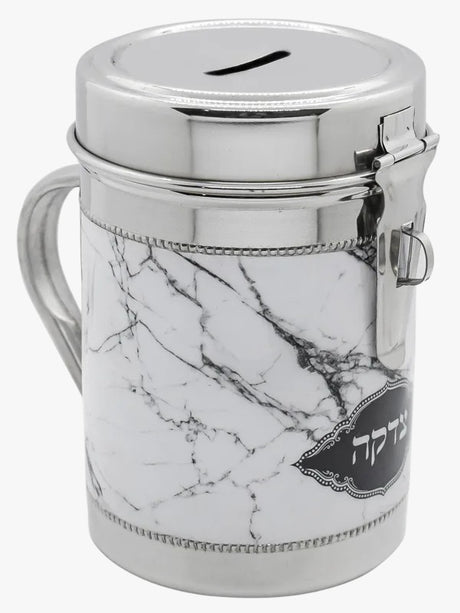 Silver Tzedakah Box With Grey Marble Design