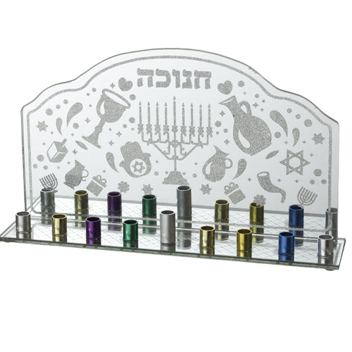 Glass Menorah for Candles with Colorful Branches 15X27 cm