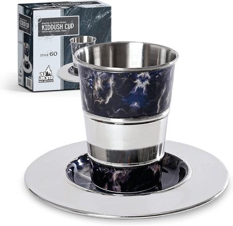 Stainless Steel Kiddush Cup and Tray Set Black Marble Design 5 oz