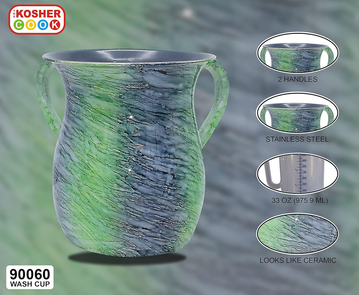 Stainless Steel Netilat Yadayim Cup – Aquatic Blue Green Painted Design