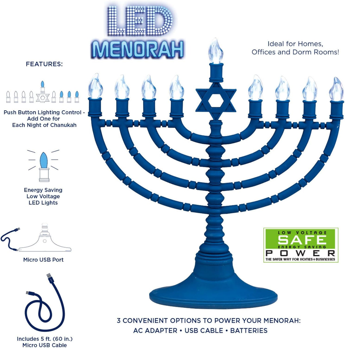 Rite Lite Blue Plastic Electric LED Low Voltage Chanukah Menorah with Clear Bulbs