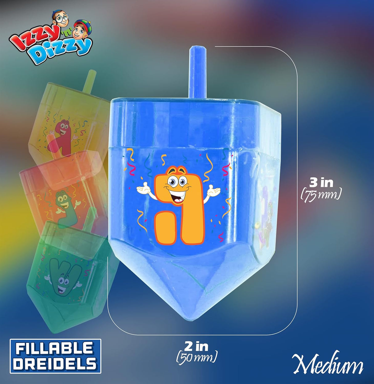 Izzy 'n' Dizzy Fillable Dreidels - Medium - 3 x 2 Inch - Great for Chocolate Coins and Candy - Assorted Random Designs
