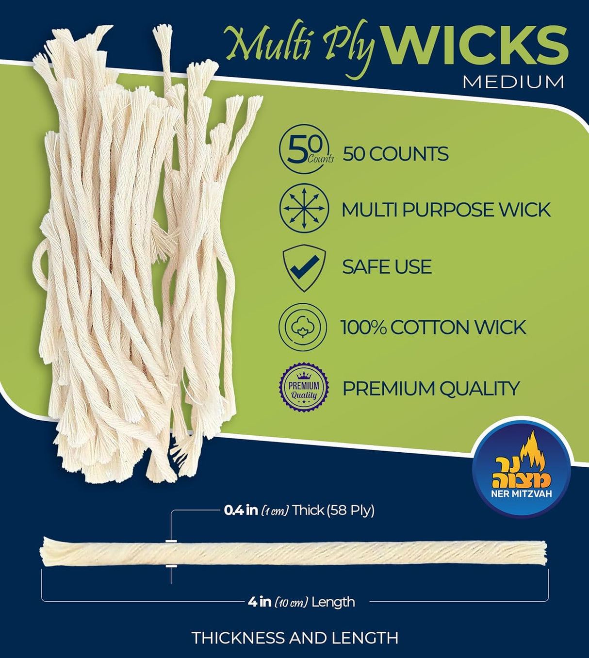 er Mitzvah Natural Smokeless Cotton Wicks – 50 Count (Approx.) 39 Ply Thin for Oil Cup Candle – Replacement Wicks