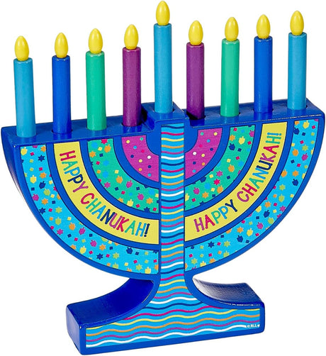 Mini Wood Menorah with Removable Wood Candles - Colorful Chanukah Menorah for Kids