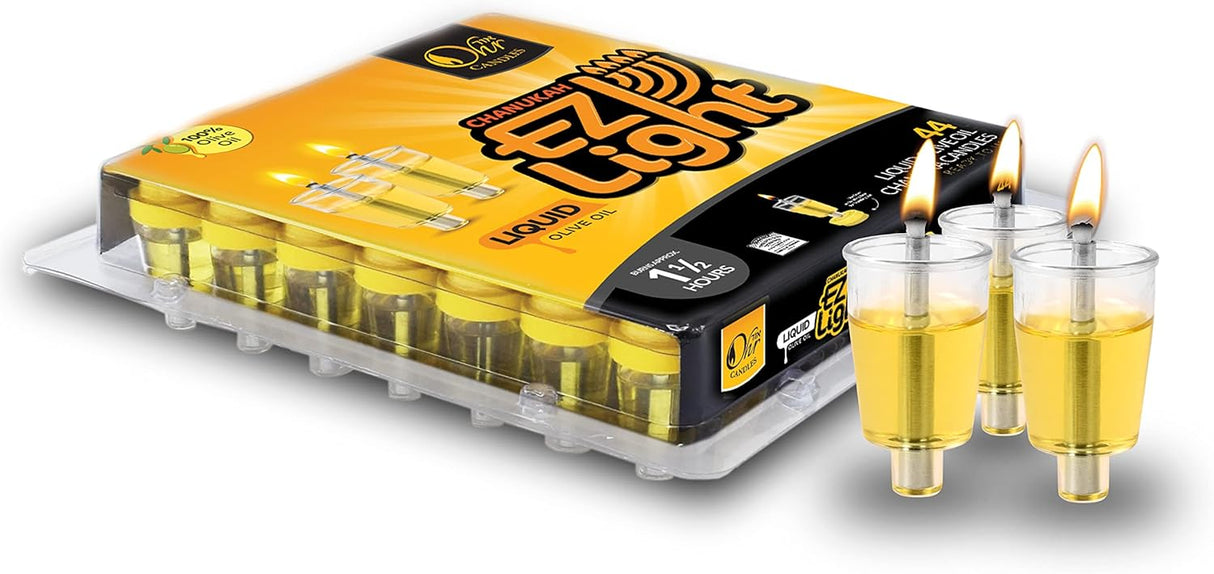 Pre-Filled Menorah Oil Cup Candles - Hanukkah EZ Lights - 100% Olive Oil with Cotton Wick in Cup - 44 Pack, Burns Approx. 1 1/2 Hrs