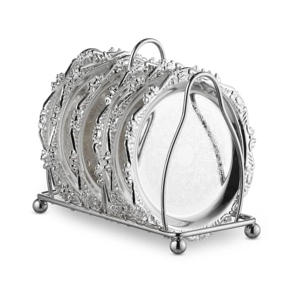 Set Of 6 Silver Plated Trays for Kiddush Cups With Stand