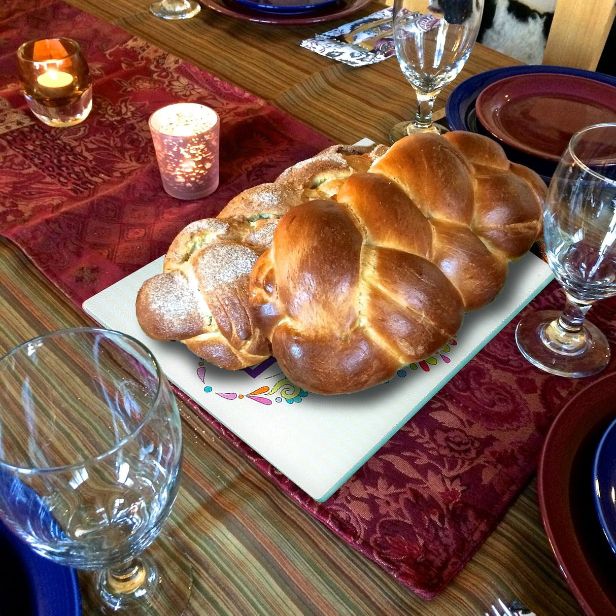 Challah Cutting Board and Tray - Tempered Glass with Beautiful Painted Shabbat Pattern and Design - by The Kosher Cook