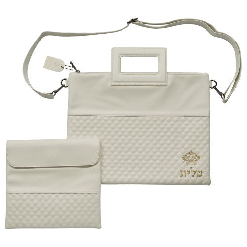 PU Fabric Talit & Tefilin Set 38*31 cm - White with Embossed logo
