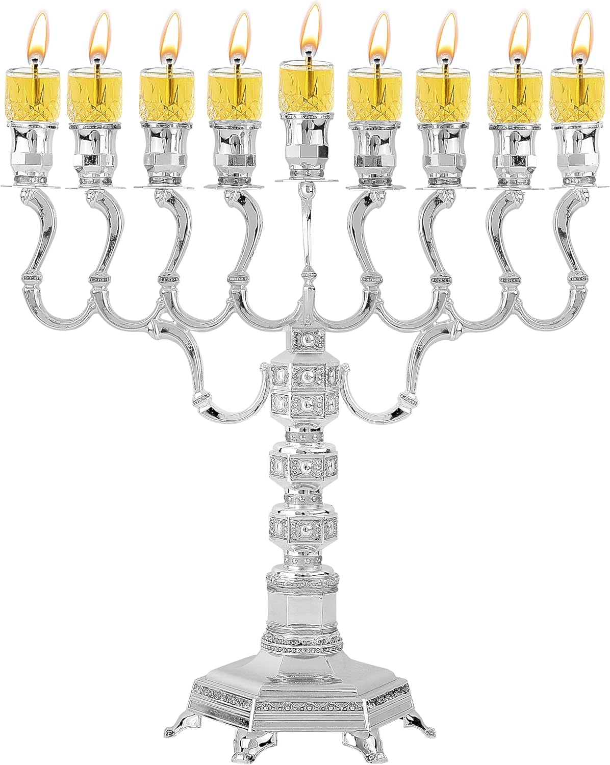 Ner Mitzvah Silver Plated Oil Menorah - Fits Standard Chanukah Oil Cups and Large Candles - Olive Branches - 35 cm High