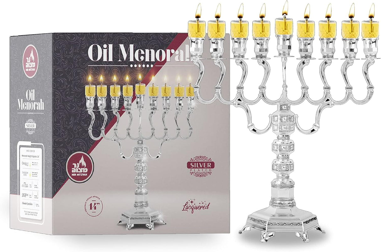 Ner Mitzvah Silver Plated Oil Menorah - Fits Standard Chanukah Oil Cups and Large Candles - Olive Branches - 35 cm High