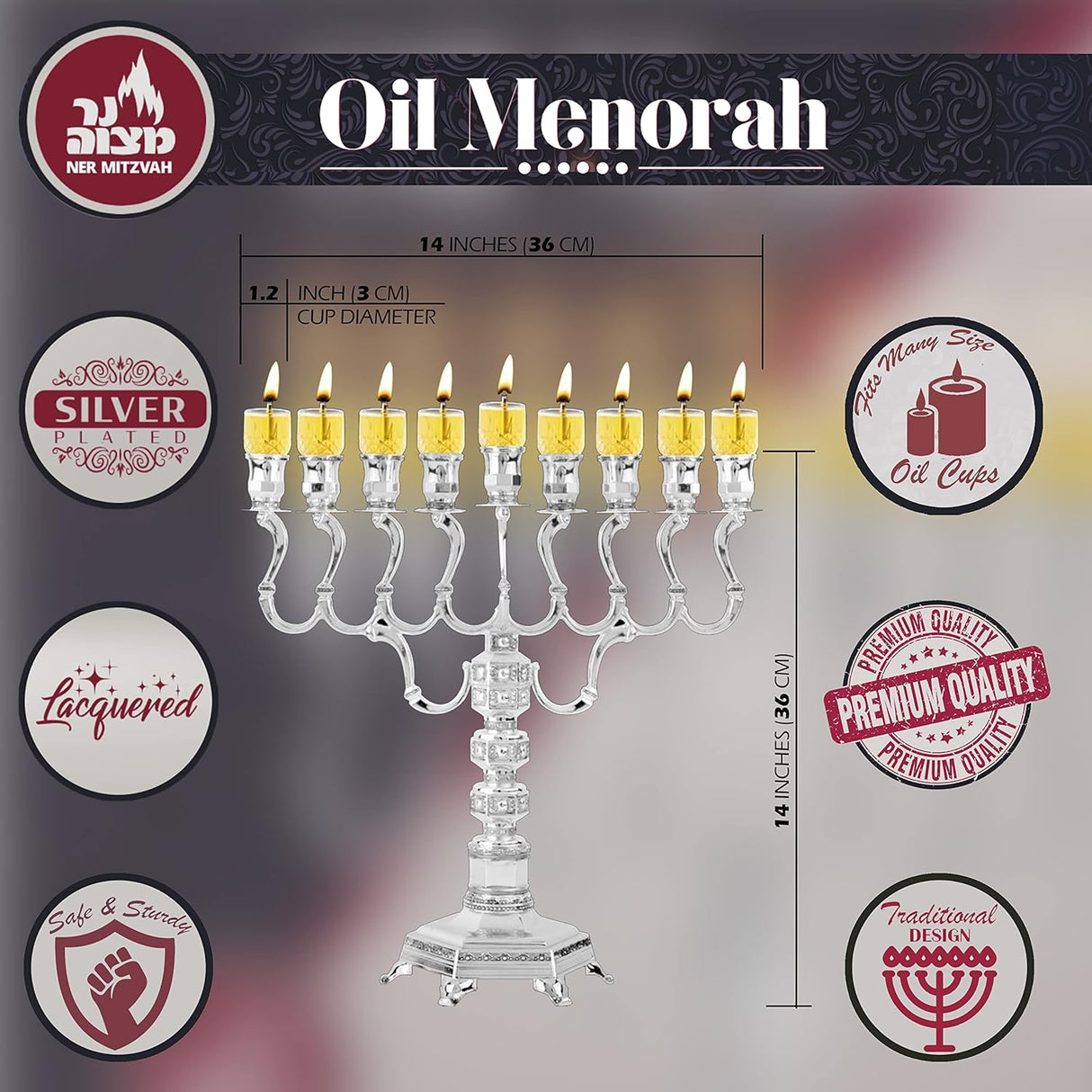 Ner Mitzvah Silver Plated Oil Menorah - Fits Standard Chanukah Oil Cups and Large Candles - Olive Branches - 35 cm High