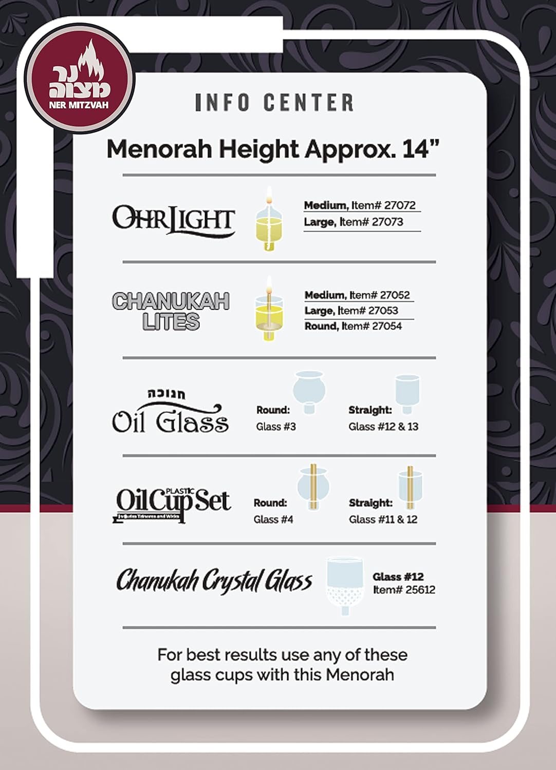 Ner Mitzvah Silver Plated Oil Menorah - Fits Standard Chanukah Oil Cups and Large Candles - Olive Branches - 35 cm High