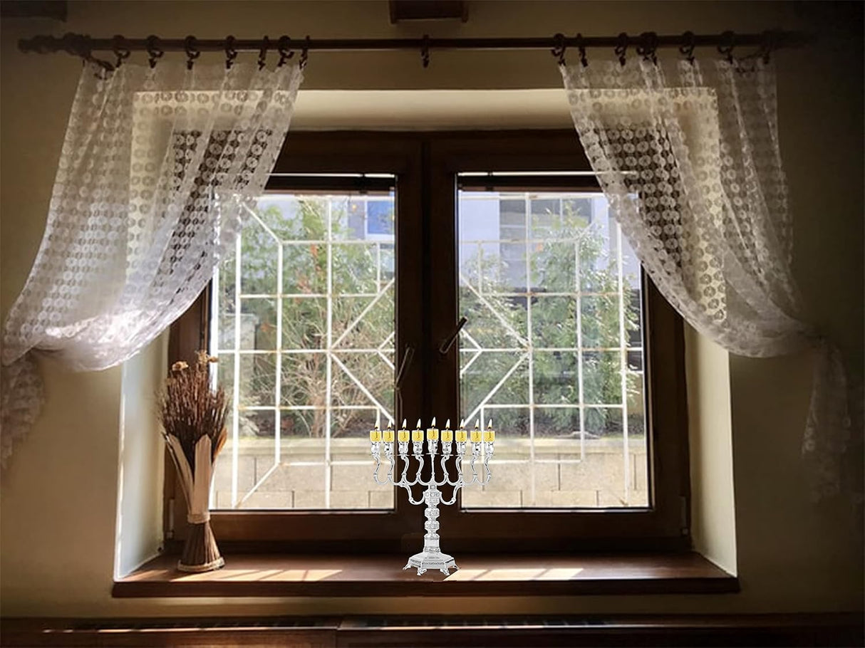 Ner Mitzvah Silver Plated Oil Menorah - Fits Standard Chanukah Oil Cups and Large Candles - Olive Branches - 35 cm High