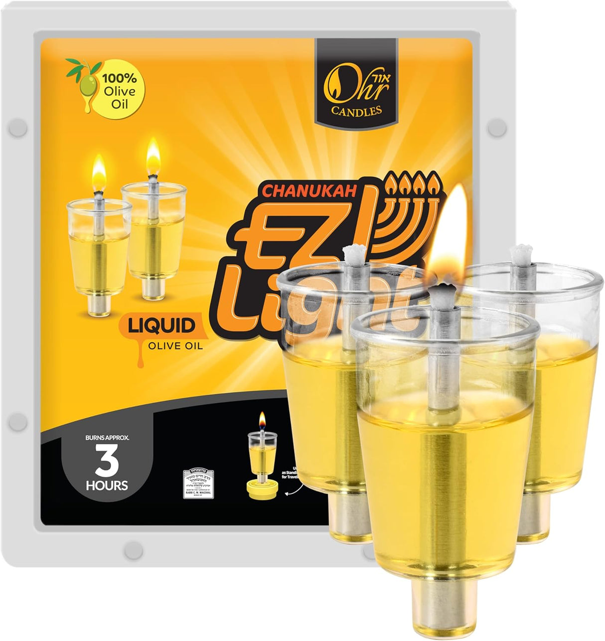 Pre-Filled Menorah Oil Cup Candles - Hanukkah EZ Lights - 100% Olive Oil with Cotton Wick in Cup - 44 Pack, Burns Approx.3 Hrs