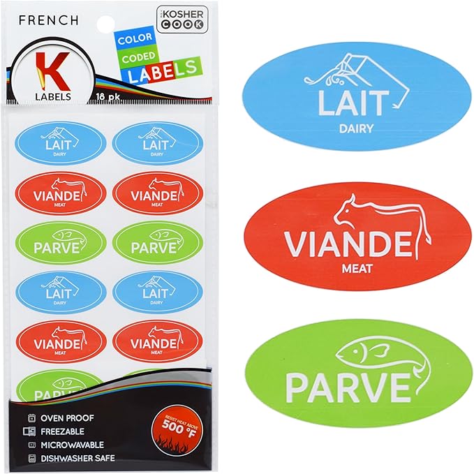 18 Assorted French Kosher Labels - 6 Blue Dairy, 6 Red Meat, 6 Green Parve Stickers -Oven Proof up to 500°, Freezable, Microwavable, Dishwasher Safe - Color Coded Kitchen Tools by The Kosher Cook