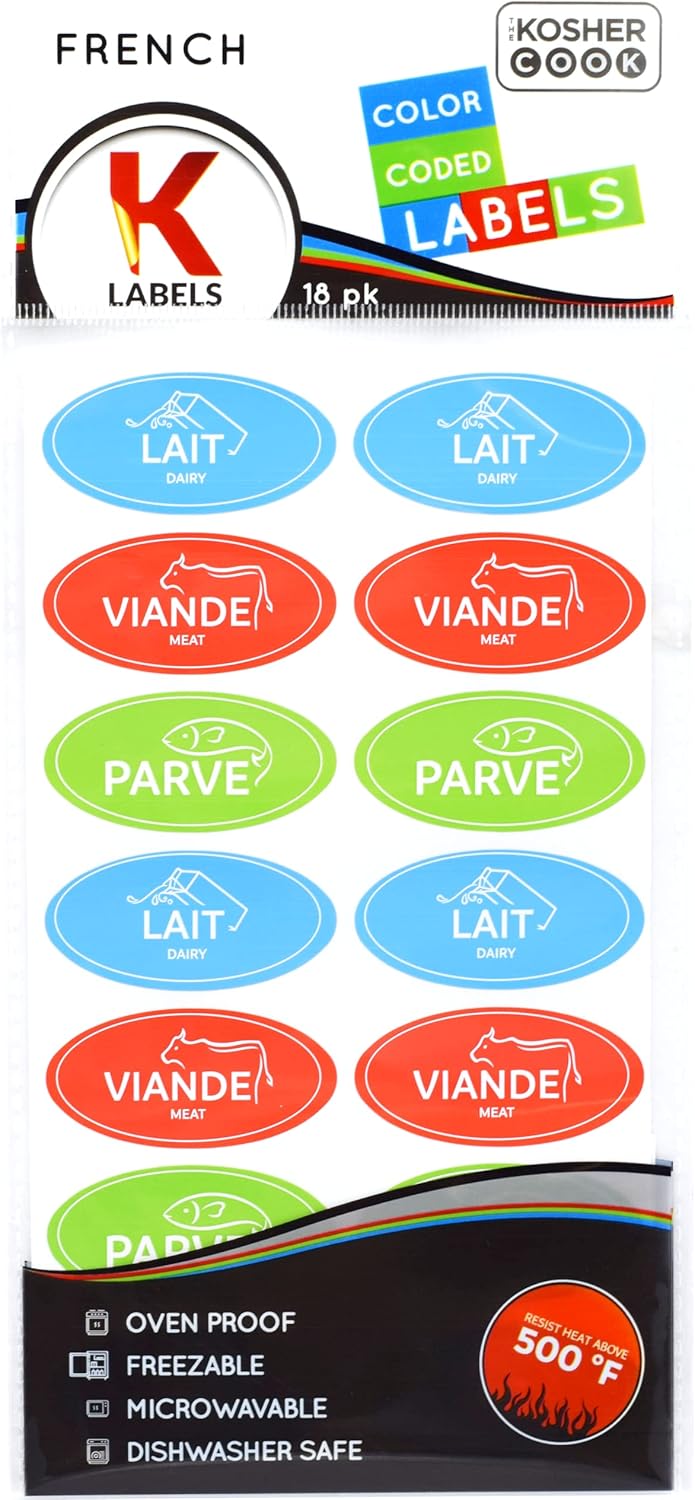 18 Assorted French Kosher Labels - 6 Blue Dairy, 6 Red Meat, 6 Green Parve Stickers -Oven Proof up to 500°, Freezable, Microwavable, Dishwasher Safe - Color Coded Kitchen Tools by The Kosher Cook