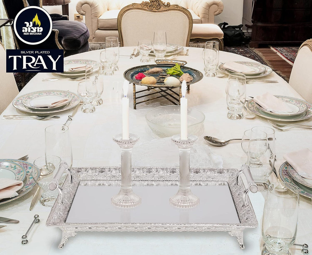 Ner Mitzvah Sliver Plated Glass Tray 60X40cm