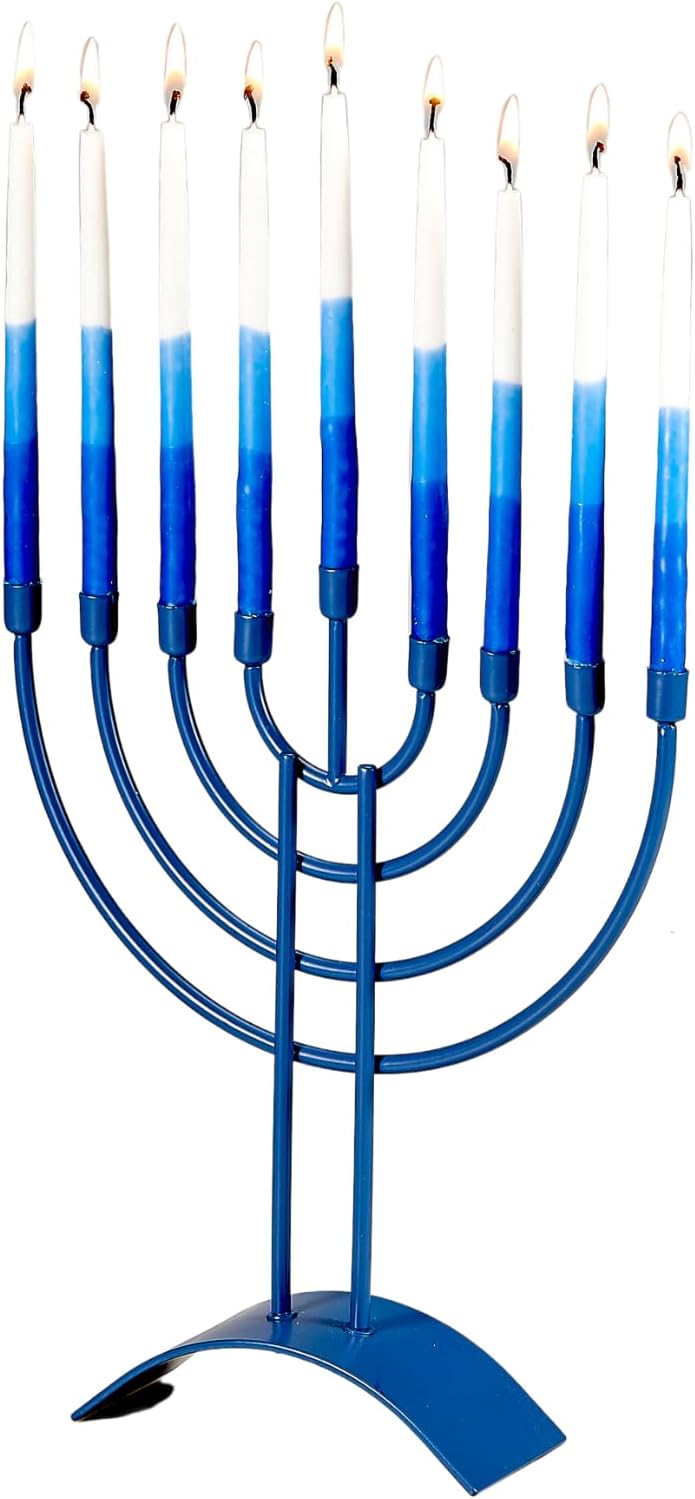 Traditional Steel Menorah, Matte Slate Blue Finish