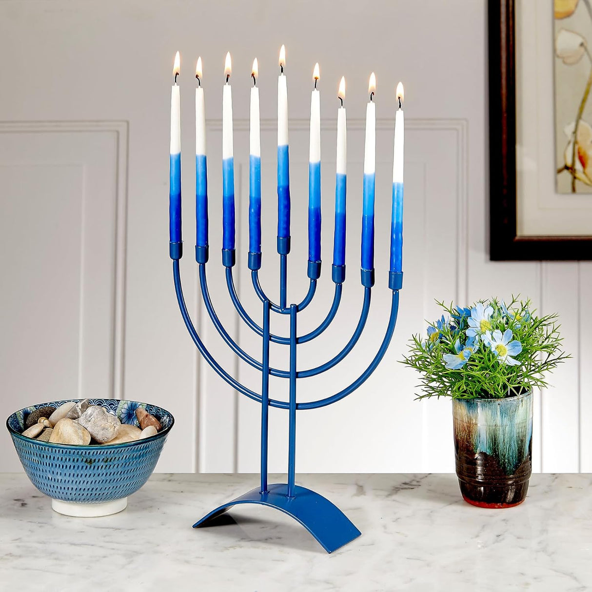 Traditional Steel Menorah, Matte Slate Blue Finish