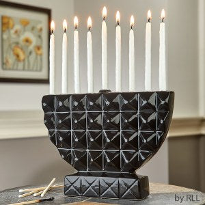 Candle Menorah Hand Painted Ceramic Geometric Shape Design Black