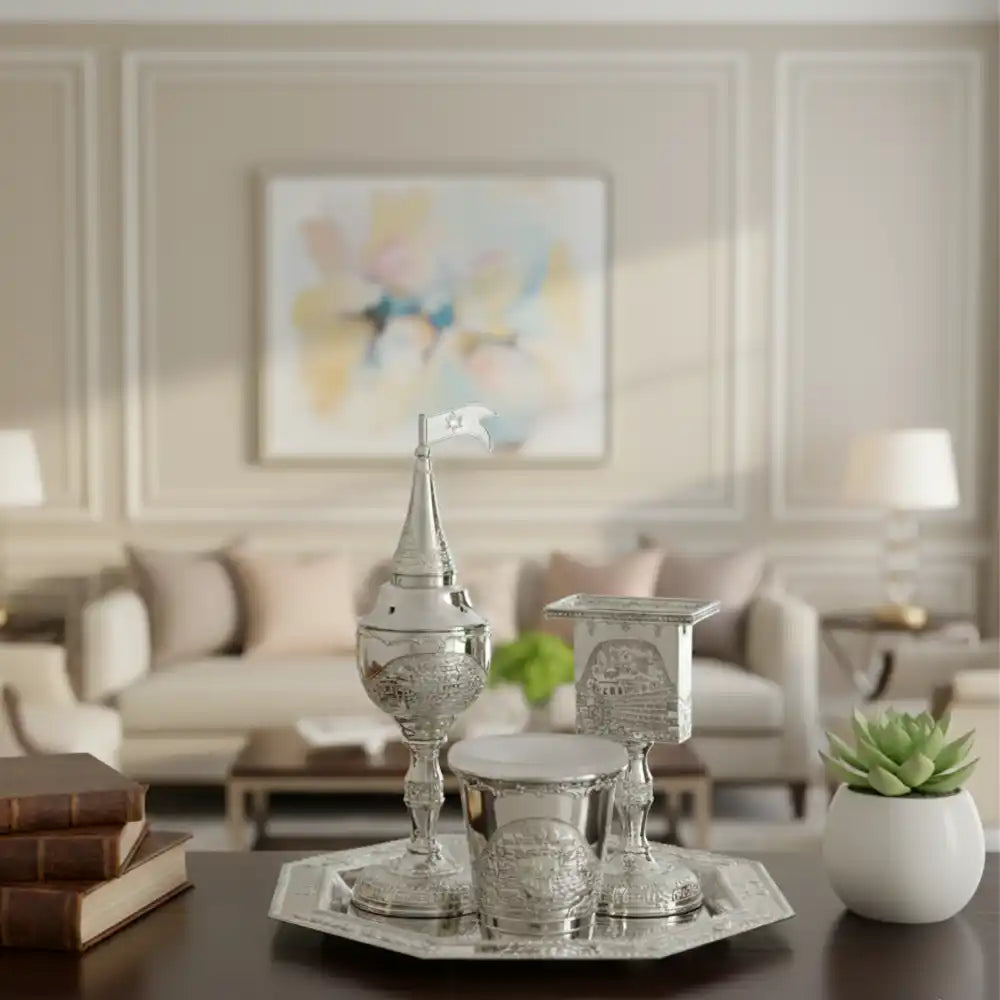 Elegant Nickel Havdalah Set 4 Pcs - Jerusalem Theme