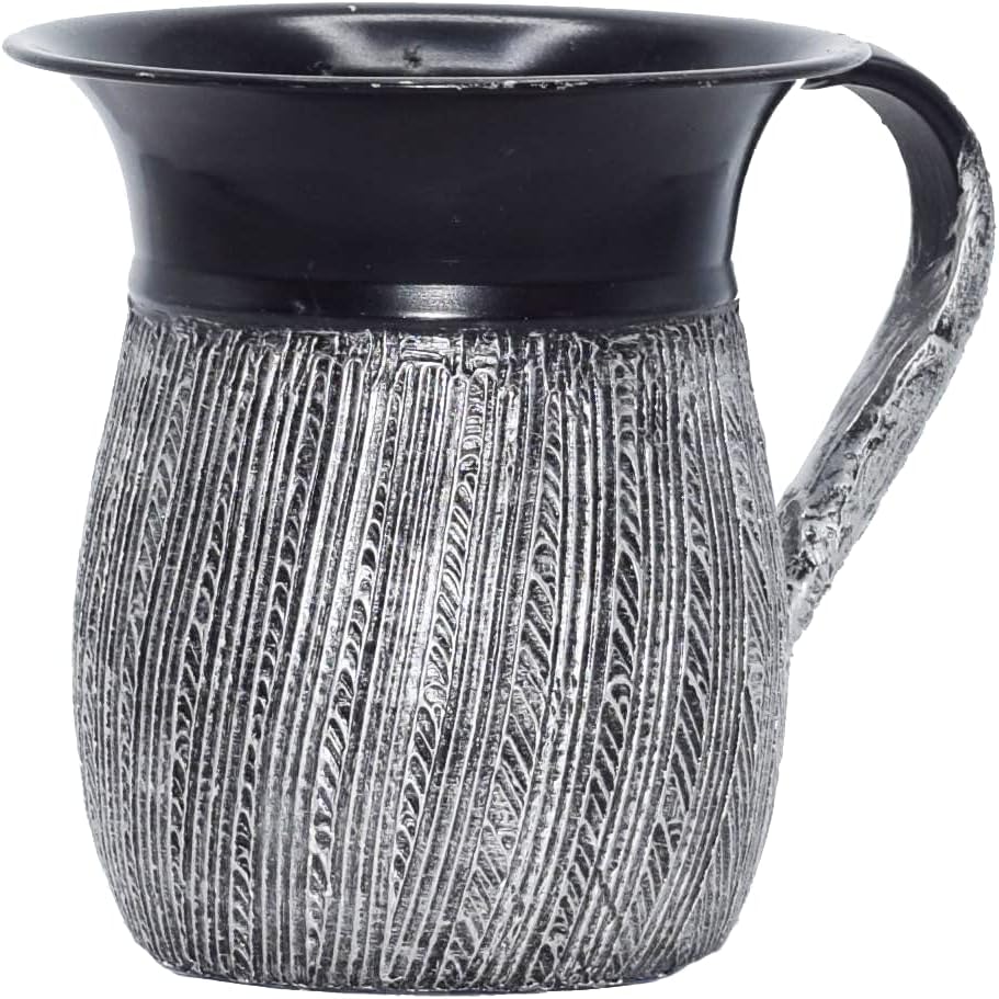 Stainless Steel Netilat Yadayim Cup – Black and White Stripes Painted Design
