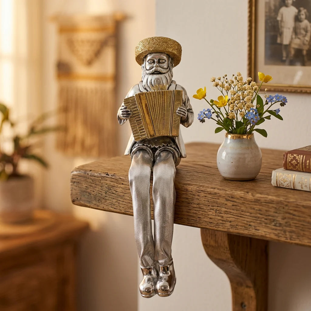Silvered Polymer Sitting Hassidic Figurine With Cloth Legs 19 Cm- Accordion Player