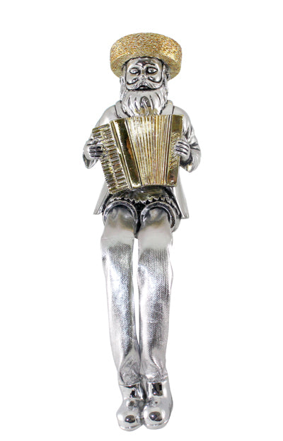 Silvered Polymer Sitting Hassidic Figurine With Cloth Legs 19 Cm- Accordion Player