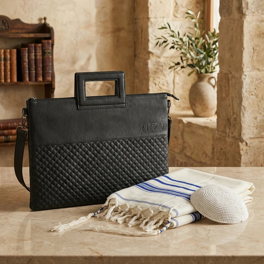 PU Leathere Fabric Talit & Tefilin Set 45*31 cm with Handles- Black