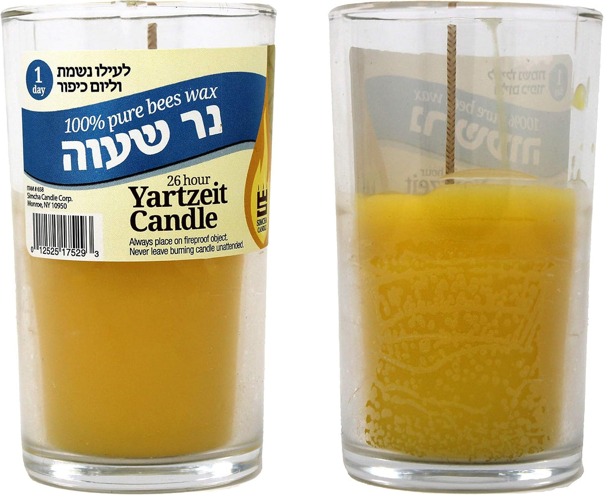 Pure Beeswax Yahrzeit Candle 24 Hour Candle in Glass Jar