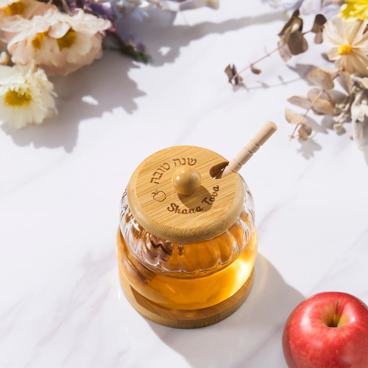 Glass Honey Jar with Wood Lid & Honey Dipper