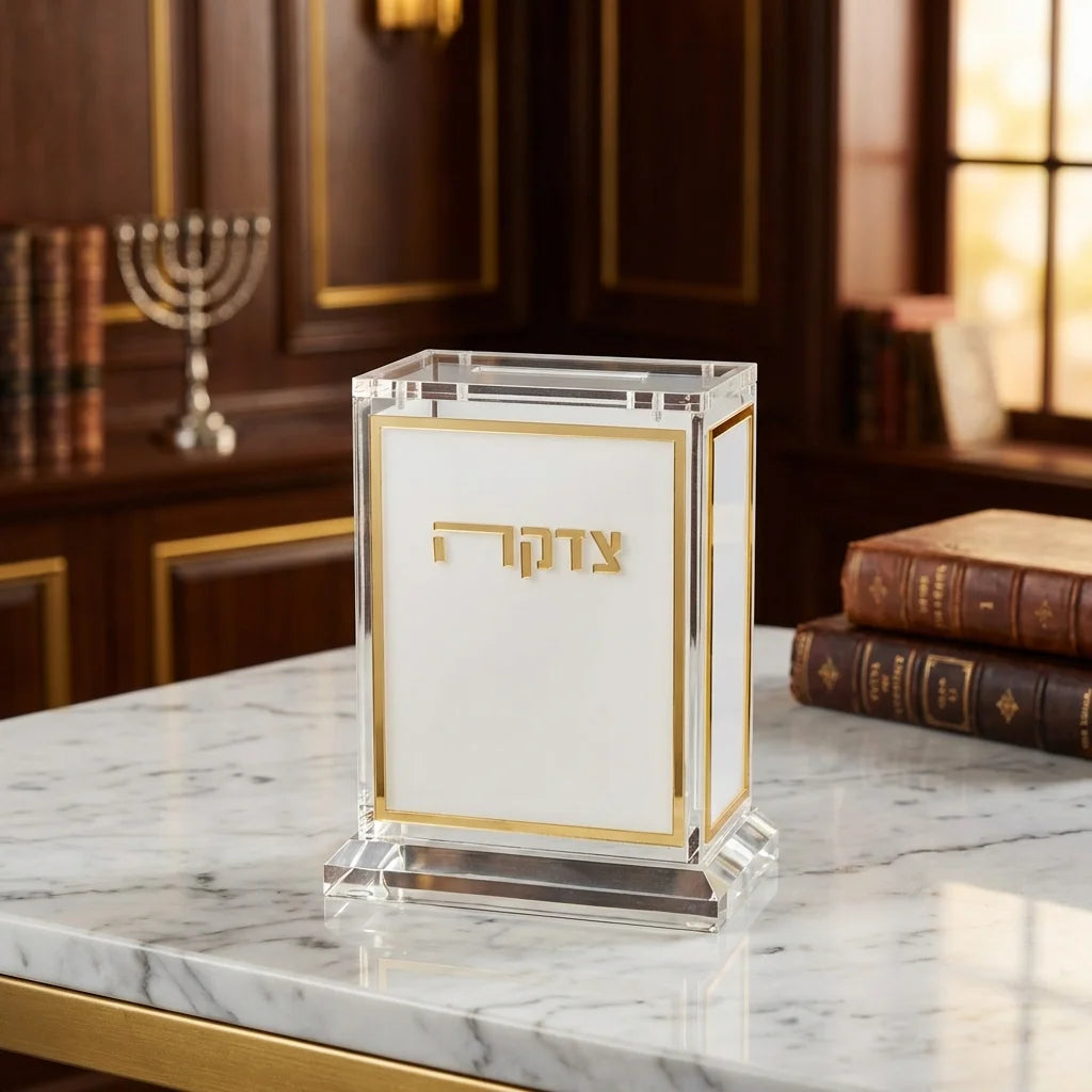 Lucite Tzedakah Box 13cm - Gold, White