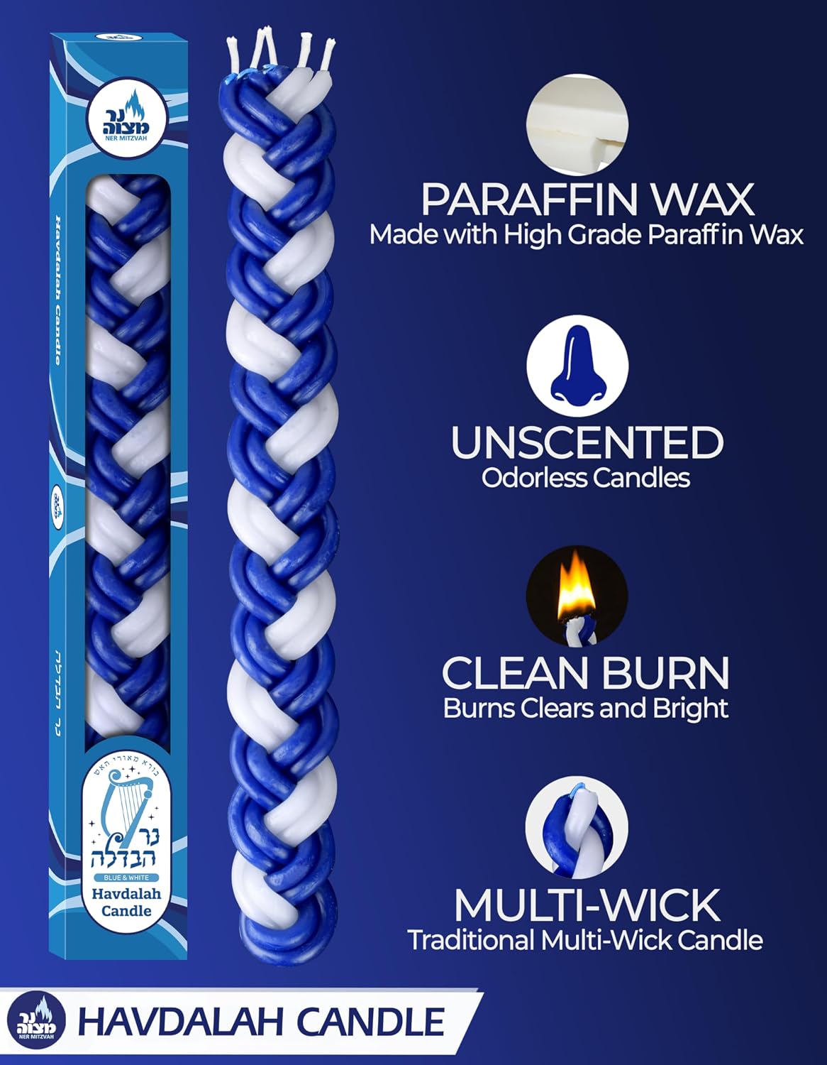 Ner Mitzvah Havdalah Braided Candle - Blue and White Paraffin Wax