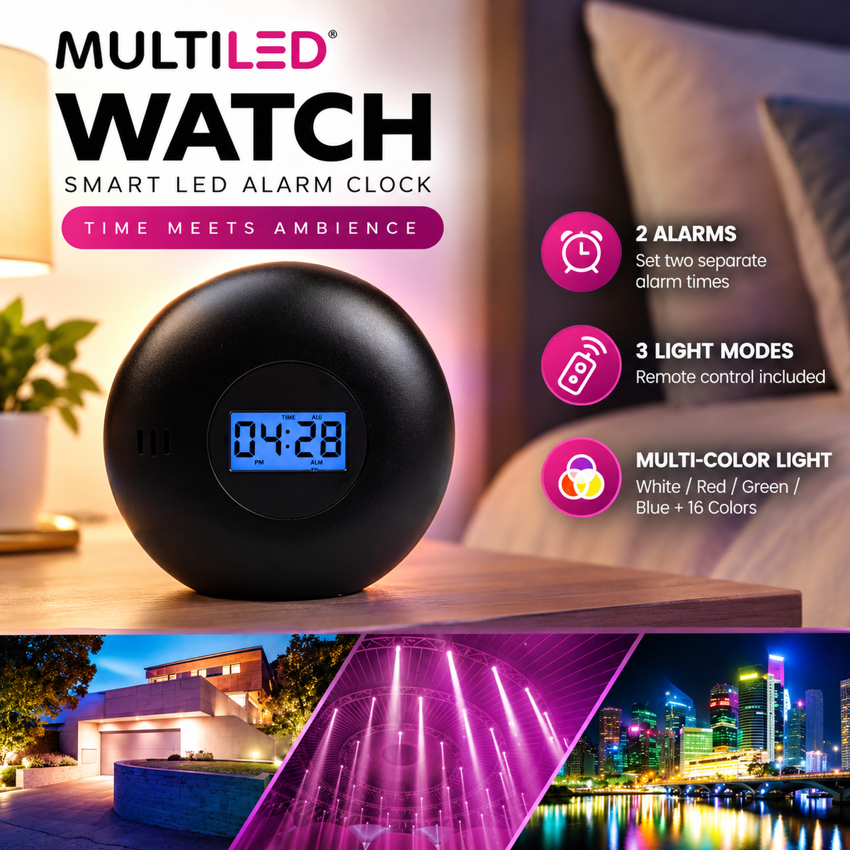 MultiLED Watch – Color-Changing LED Alarm Clock with Dual Alarms