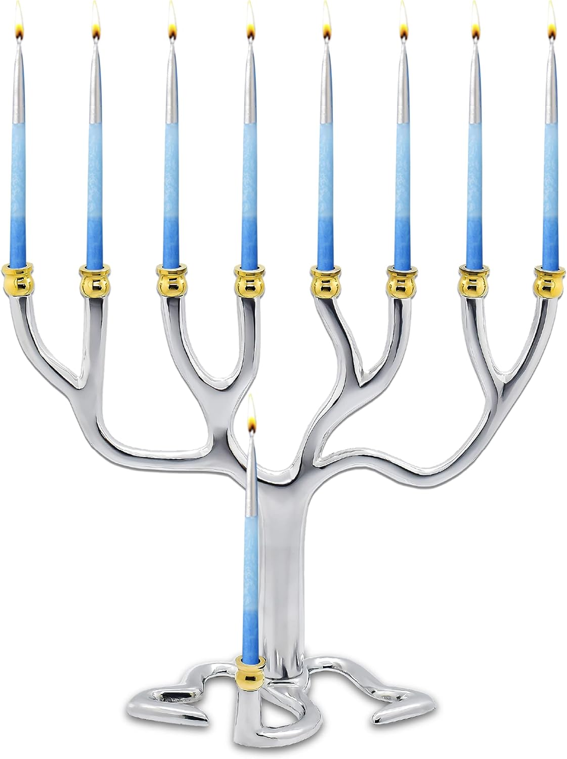 Silvertone Tree Of Life Candle Menorah - Gold Tip