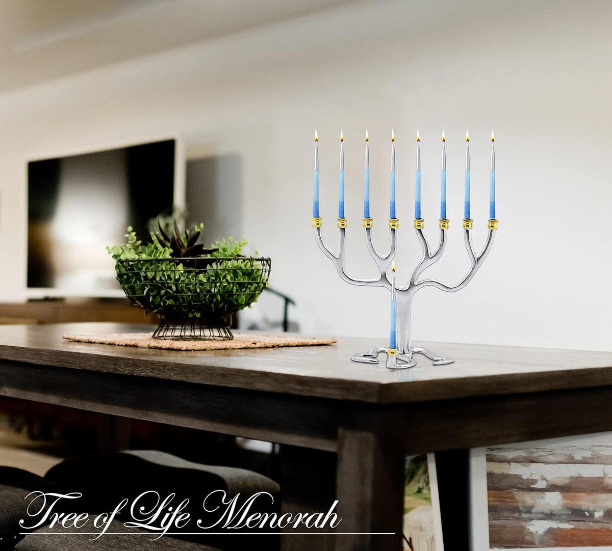 Silvertone Tree Of Life Candle Menorah - Gold Tip