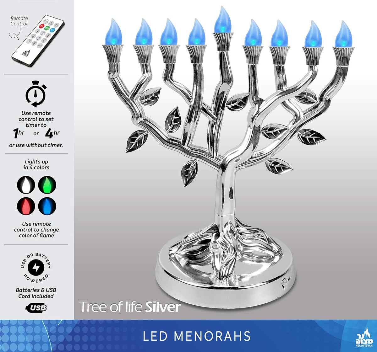 NER MITZVAH TREE OF LIFE LED SILVER MENORAH, 12 IN