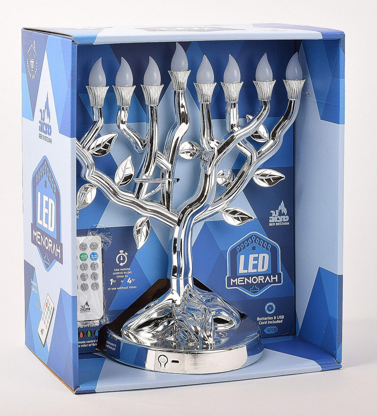 NER MITZVAH TREE OF LIFE LED SILVER MENORAH, 12 IN