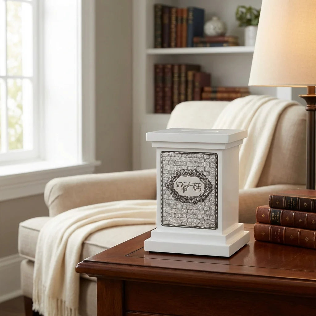 Elegant White Wood Tzedakah Box 14 cm