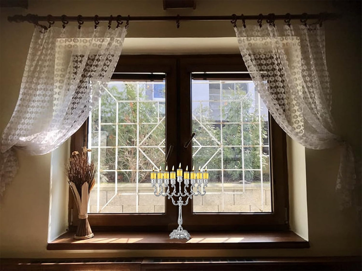 Silver Plated Oil Menorah - Fits Standard Chanukah Oil Cups and Large Candles - Olive Branches