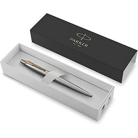 Parker 1953182 Jotter Ballpoint Pen, Stainless Steel with Gold Trim, Medium Point Blue Ink, Gift Box