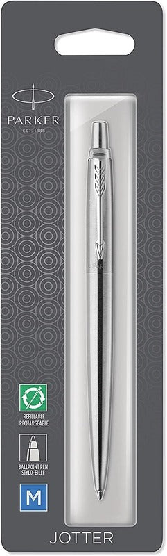 Parker Jotter Ballpoint Pen | Stainless Steel with Golden Trim | Medium Point Blue Ink