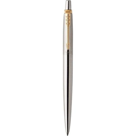 Parker Jotter Ballpoint Pen | Stainless Steel with Golden Trim | Medium Point Blue Ink